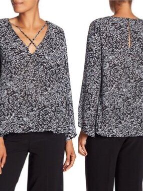 Lush Criss-Cross Bell Sleeve Blouse Black-Blue Dot